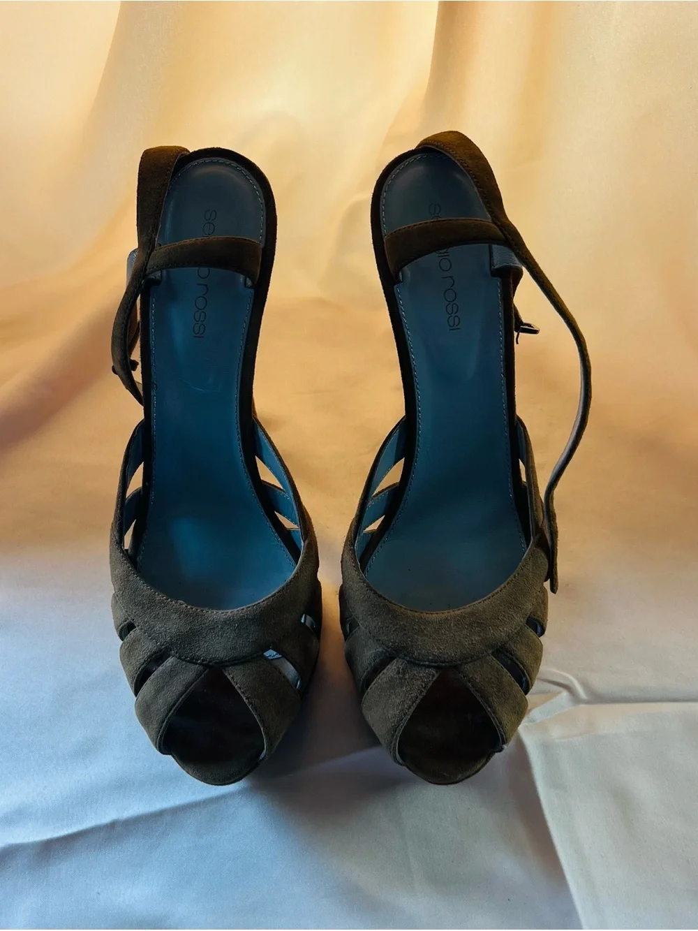 Sergio Rossi Olive Green Suede Peep-Toe Slingback Sandals
